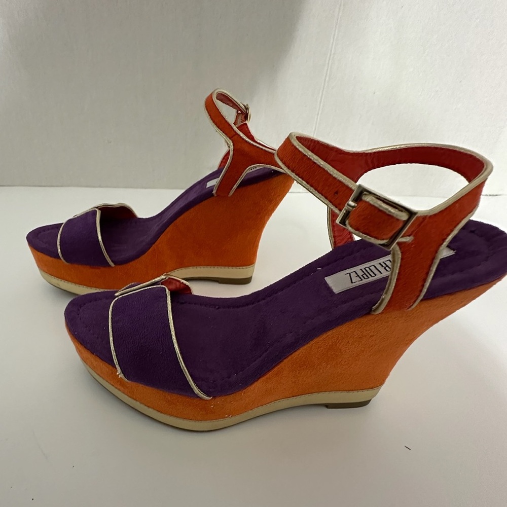 Jennifer Lopez Purple Orange Suede Platform Wedge Sandals Gold Trim Size 6.5 - Picture 6 of 10